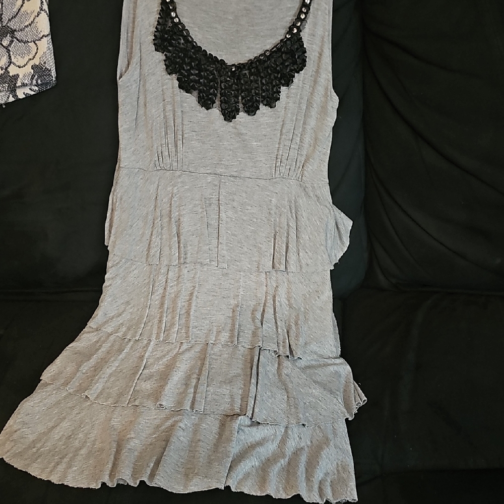 Stylish Cotton/Polyester Ruffle Tiered Dress, Black Grommets/Lace Design Accent